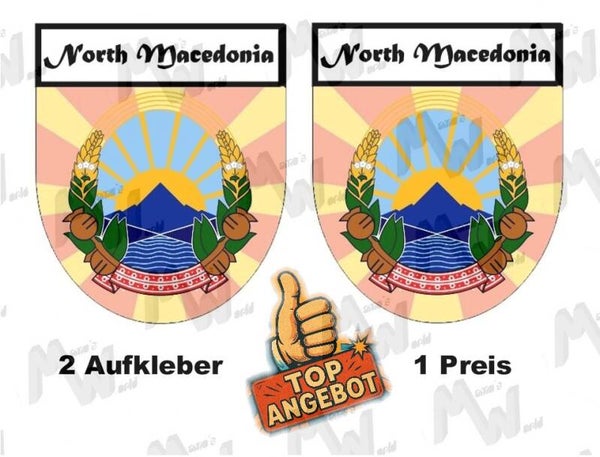 2 Aufkleber - Wappen - Flagge - North Macedonia -  60x75 mm