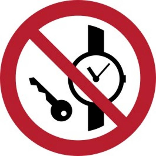 Aufkleber -  P008 Mitführen von Metallteilen oder Uhren verboten  - ISO DIN 7010 - Verbotszeichen - versch. Größen