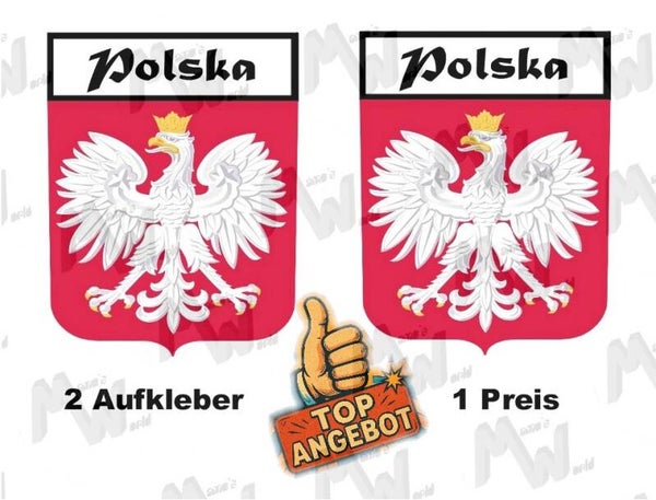 2 Aufkleber - Wappen - Flagge - Polska -  60x75 mm