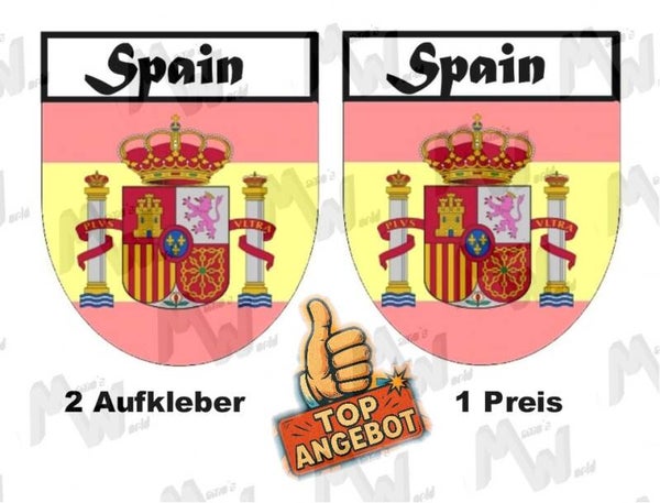 2 Aufkleber - Wappen - Flagge - Spain -  60x75 mm