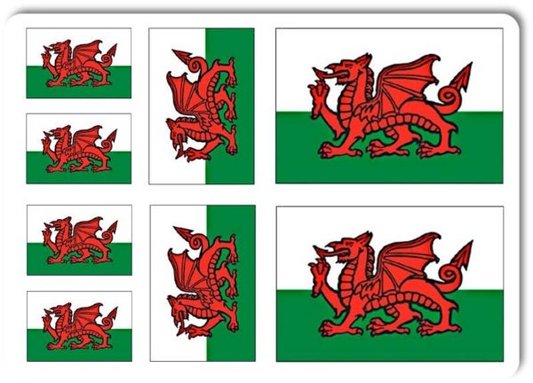 Aufkleber - Sticker - Wales Flagge - Set - 8 Stück - versch. Größen