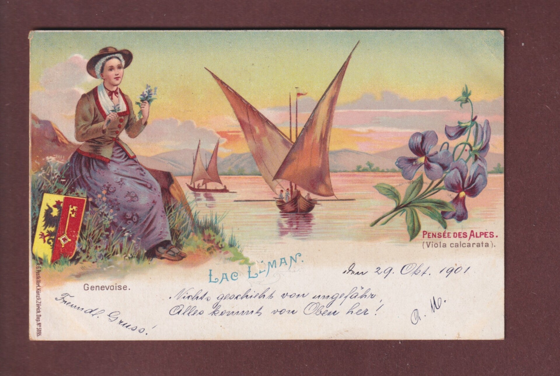 GENEVE - Genevoise et Barque du Léman - Pensées - 1901
