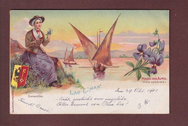GENEVE - Genevoise et Barque du Léman - Pensées - 1901