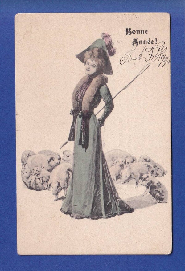 NOUVEL AN - Femme - Cochons - 1904
