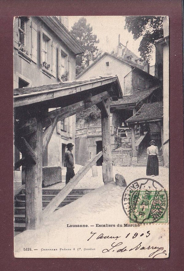 LAUSANNE - Escaliers du Marché animés - 1903 Charnaux Frères