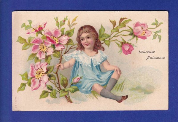 ENFANT - Jeune fille et fleurs - Carte gauffrée // pli d'angle //