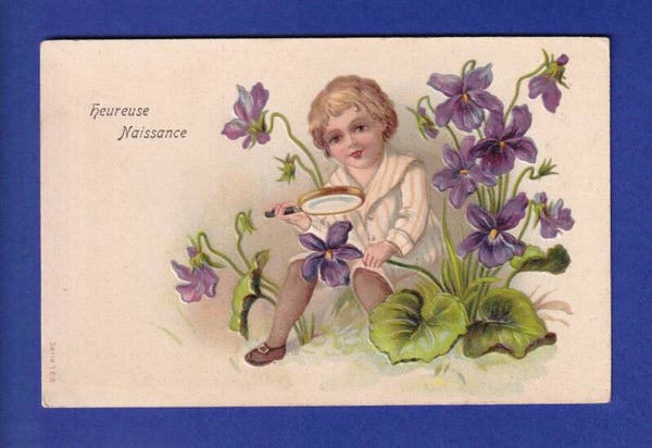 ENFANT - Jeune fille et fleurs - Carte gauffrée