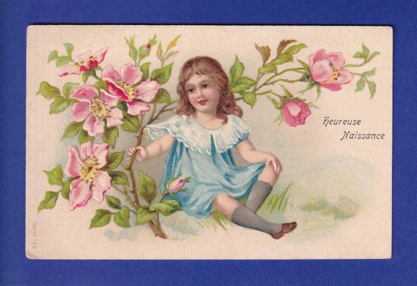 ENFANT - Jeune fille et fleurs - Carte gauffrée