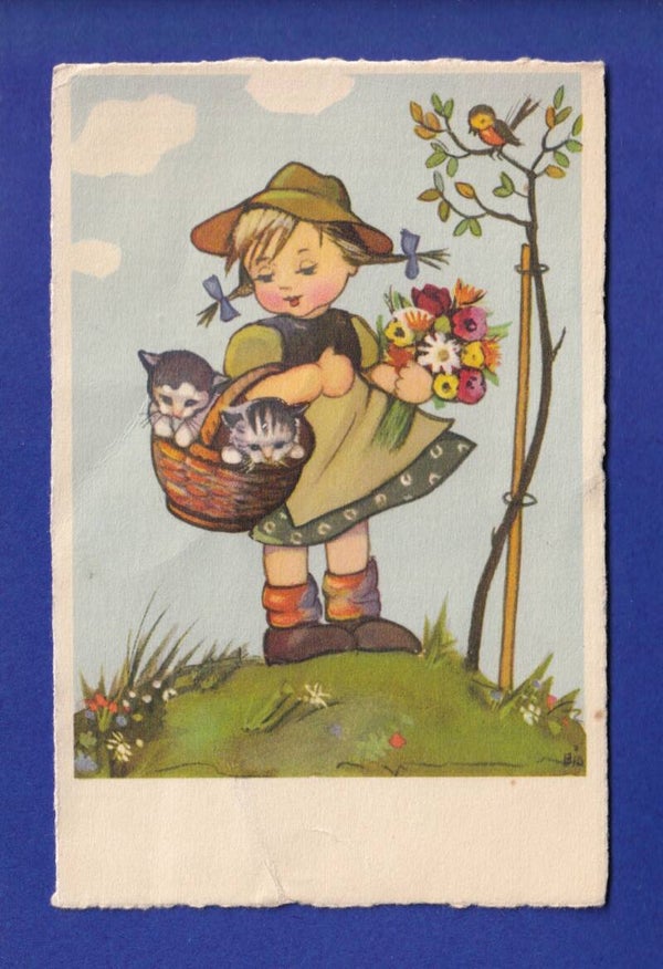ENFANT - Jeune fille et sa corbeille de chats // pli //