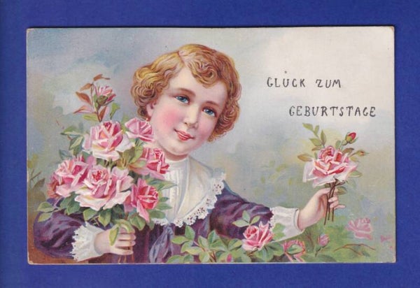 ENFANT - Jeune garçon avec fleurs - Carte gauffrée