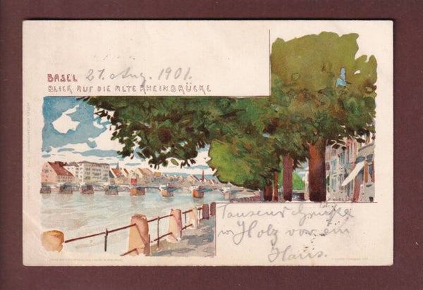 BASEL - Blick auf die alte Rheinbrücke - 1901