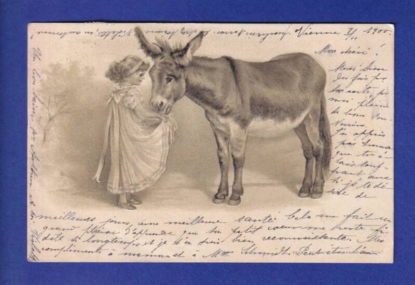 ENFANT - Jeune fille et âne - Carte gauffrée