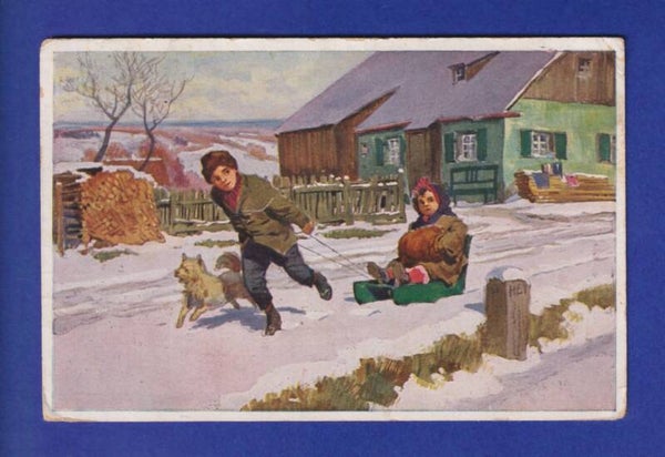 ENFANT - Dans la neige - Luge // pli //