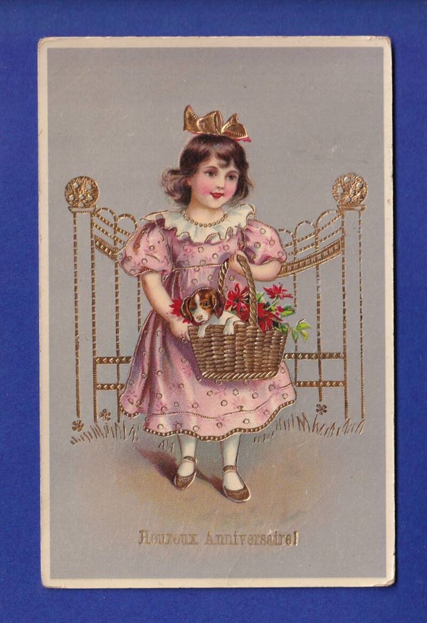 ENFANT - Jeune fille et fleurs - Chien