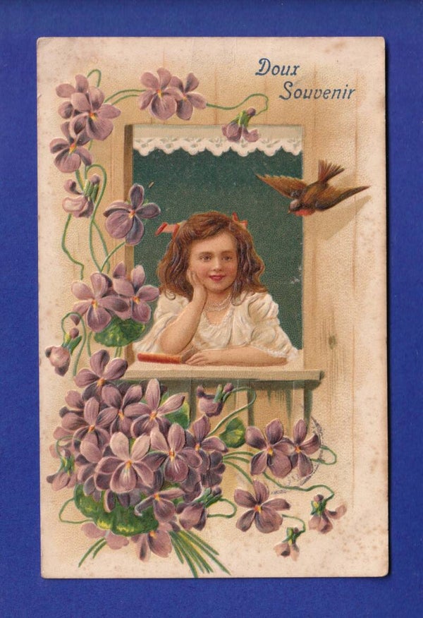 ENFANT - Jeune fille et fleurs - Doux souvenir - Carte gauffrée