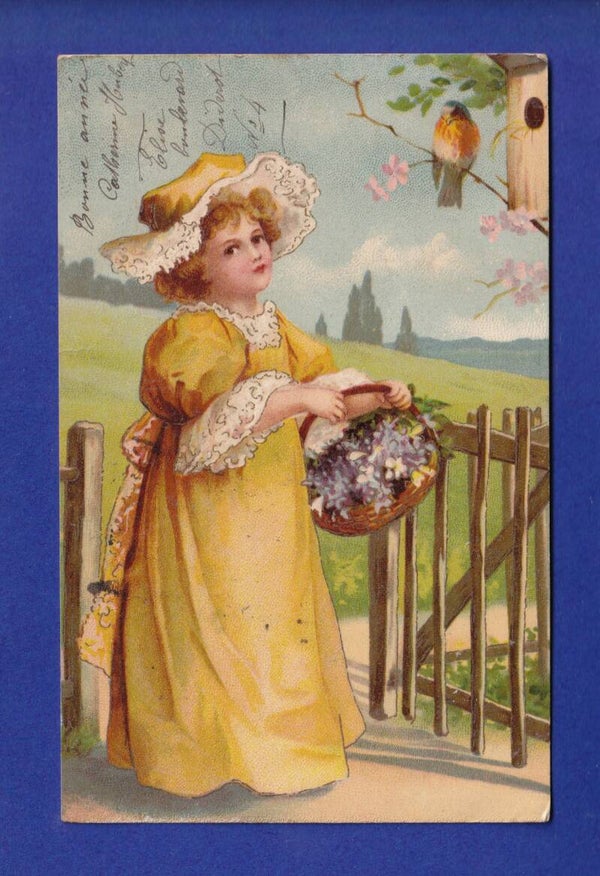 ENFANT - Jeune fille et fleurs - Oiseau