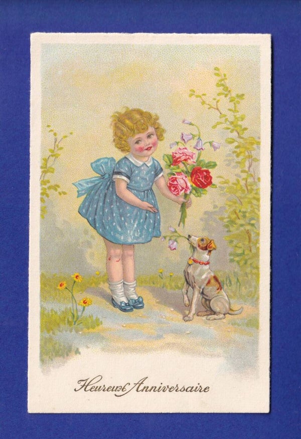 ENFANT - Jeune fille et fleurs - Chien - Anniversaire