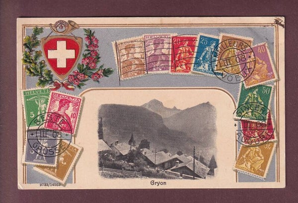 GRYON - Carte gauffrée - Timbres suisses