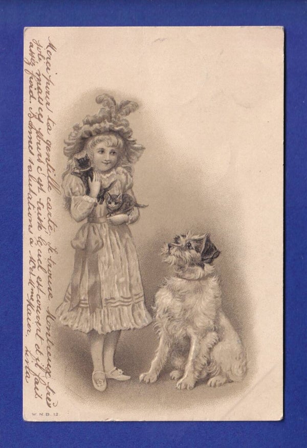ENFANT - Jeune fille avec chien et chats - Carte gauffrée