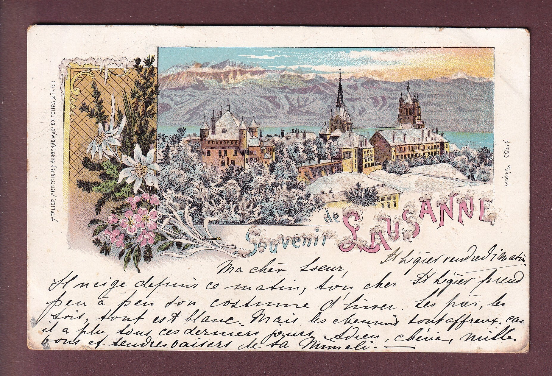 Souvenir de LAUSANNE Neige - 1899 Litho Guggenheim // pli //