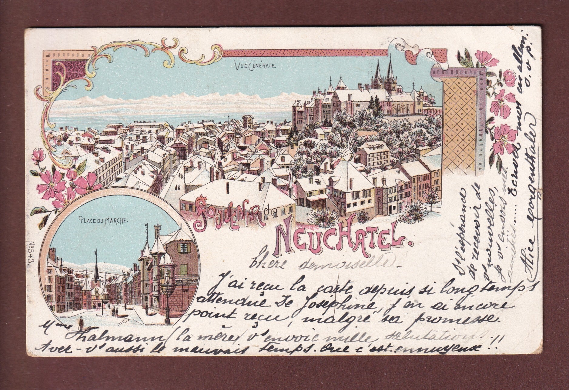 Souvenir de NEUCHÂTEL - Neige - 1901 Litho // pli d'angle //
