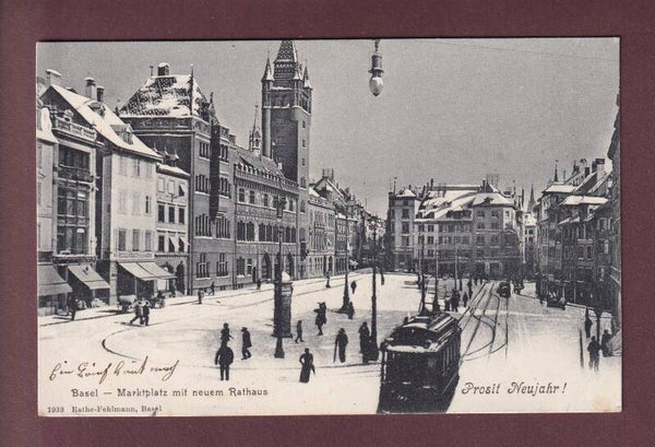 BASEL unter Schnee - Marktplatz - Tram - 1904 // Eckbug //