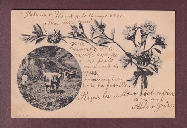 VACHE et fleurs - 1912 CPN