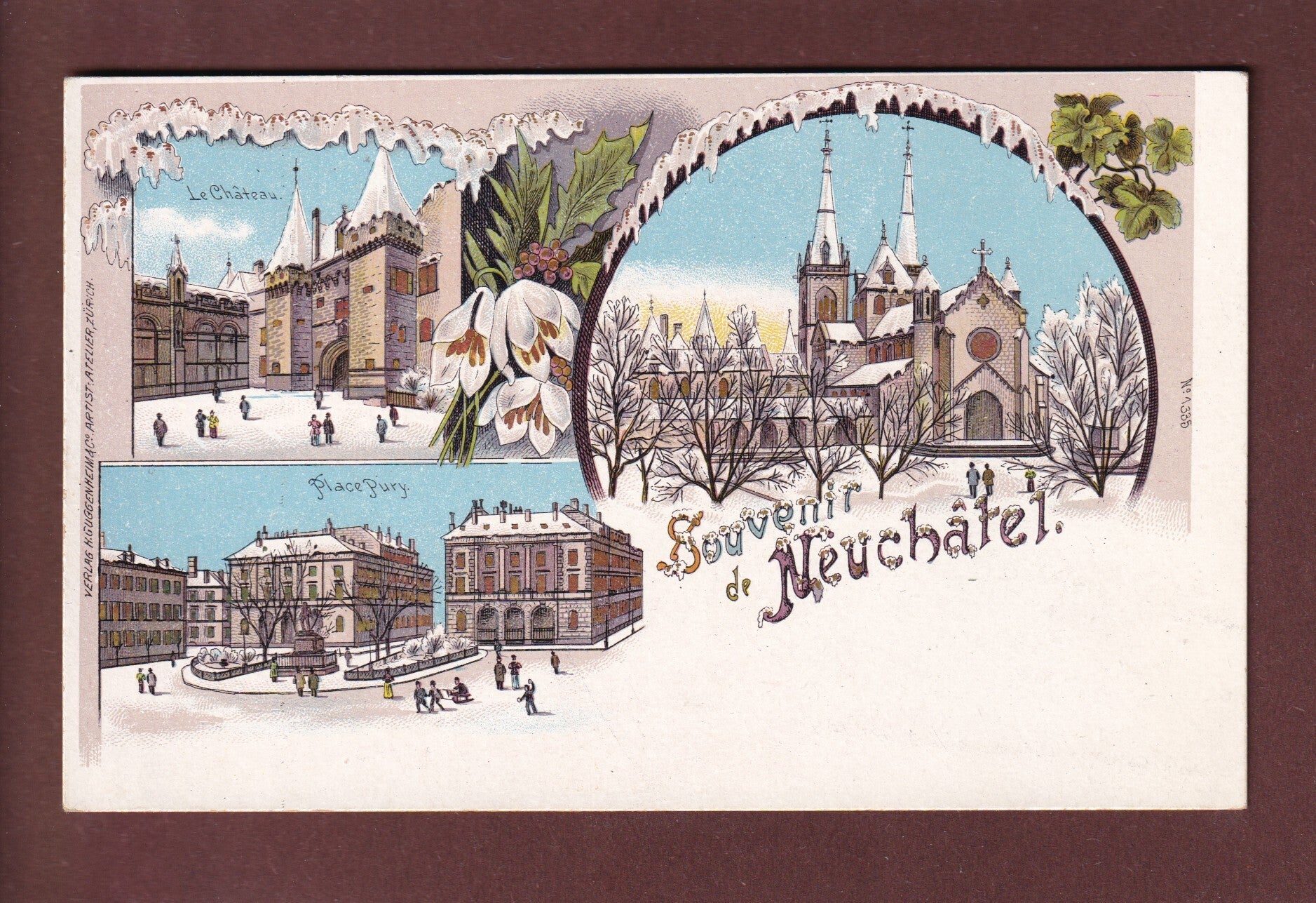 Souvenir de NEUCHÂTEL sous la neige - Litho Guggenheim