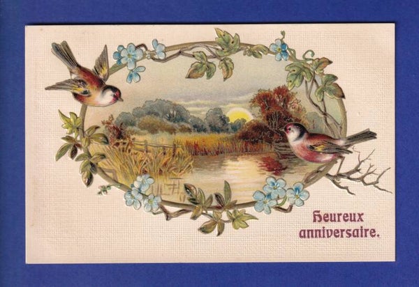 OISEAU - Fleurs - Carte gauffrée