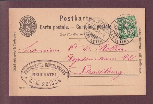 Carte postale pré-affranchie 1901 dictionnaire géographique