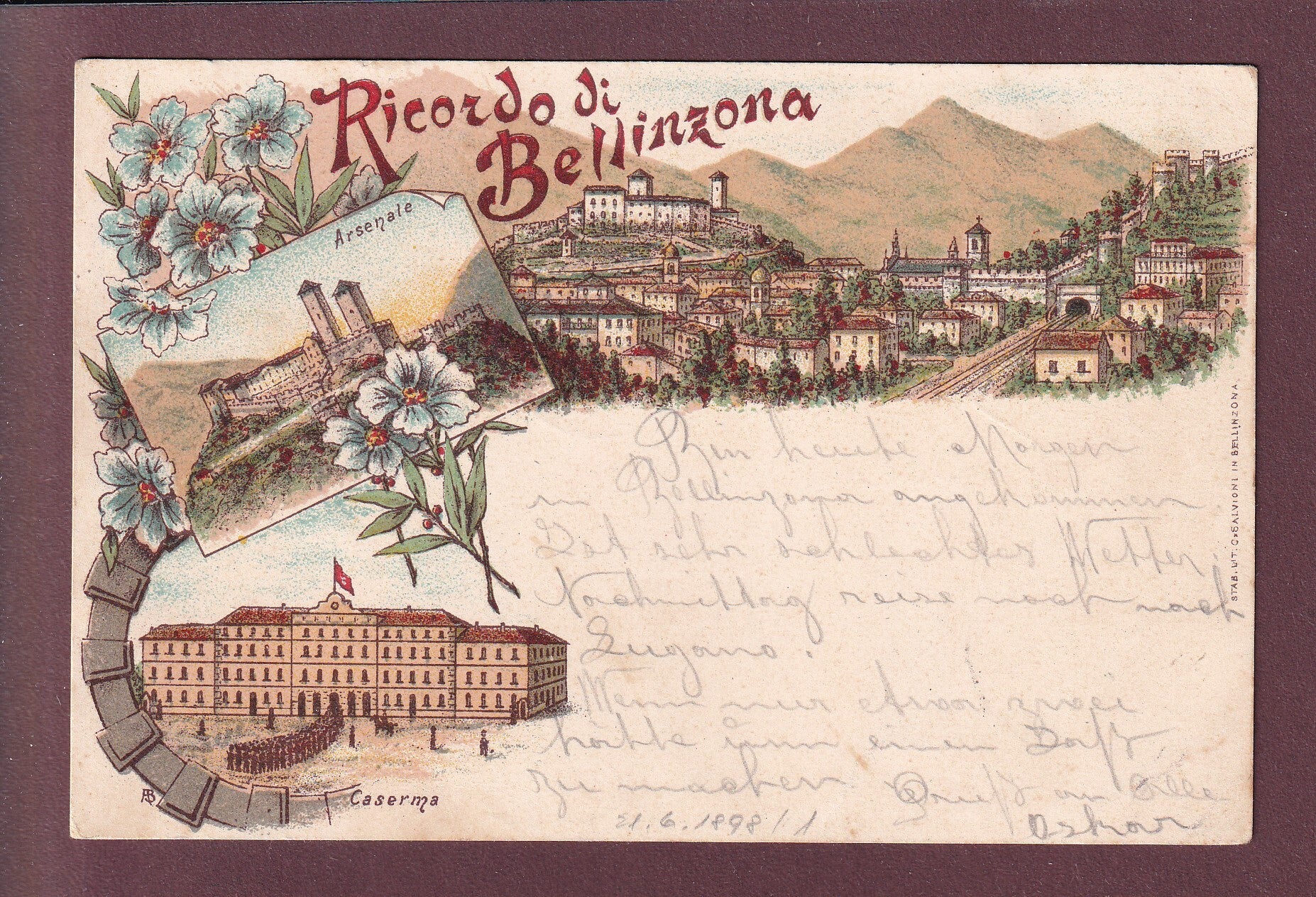 Ricordo di BELLINZONA - Caserma - Arsenale - 1898 Litho Salvioni