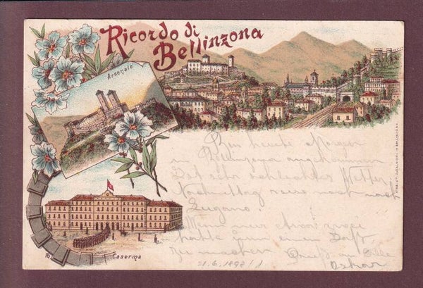 Ricordo di BELLINZONA - Caserma - Arsenale - 1898 Litho Salvioni