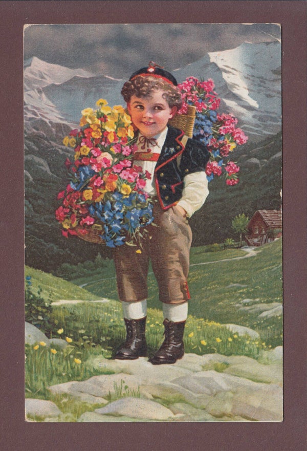 Costume SUISSE - Petit garçon avec fleurs - 1931 // pli d'angle //
