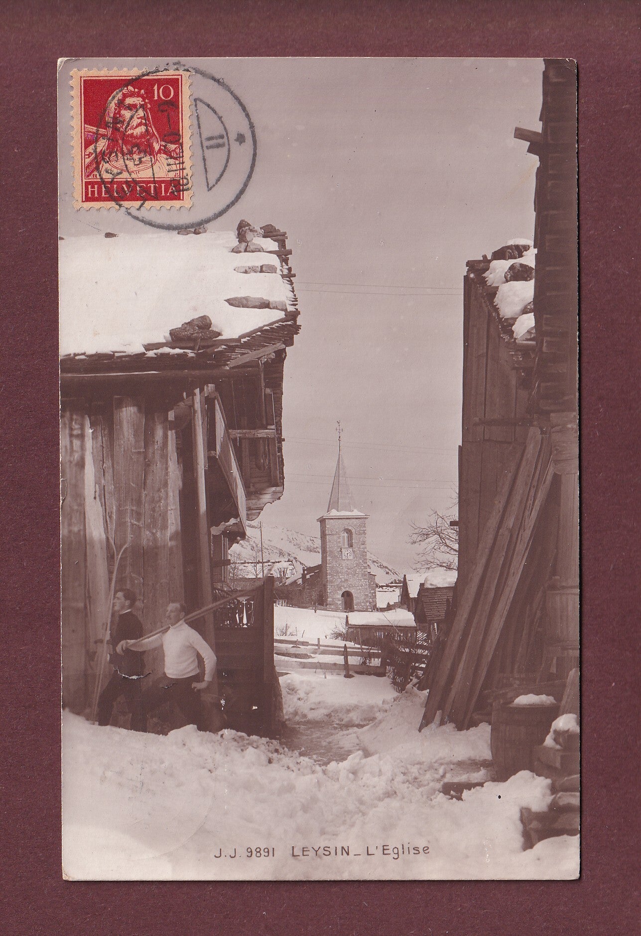 LEYSIN sous la neige - L'Eglise - Animation - 1920 // pli //