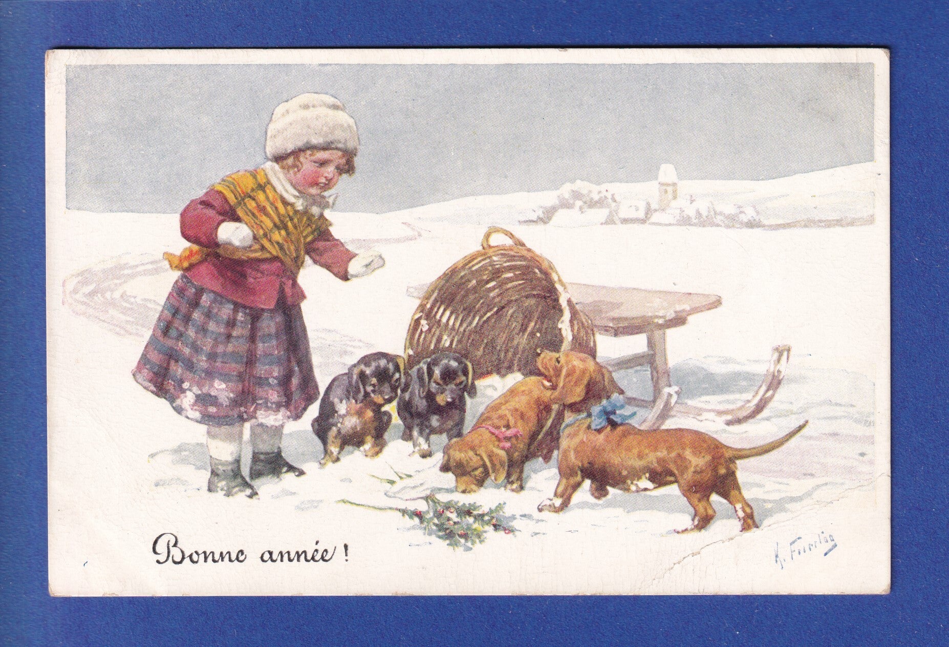 NOUVEL AN - Enfant - Chiens - K. Feiertag - 1911 // pli //