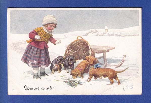 NOUVEL AN - Enfant - Chiens - K. Feiertag - 1911 // pli //