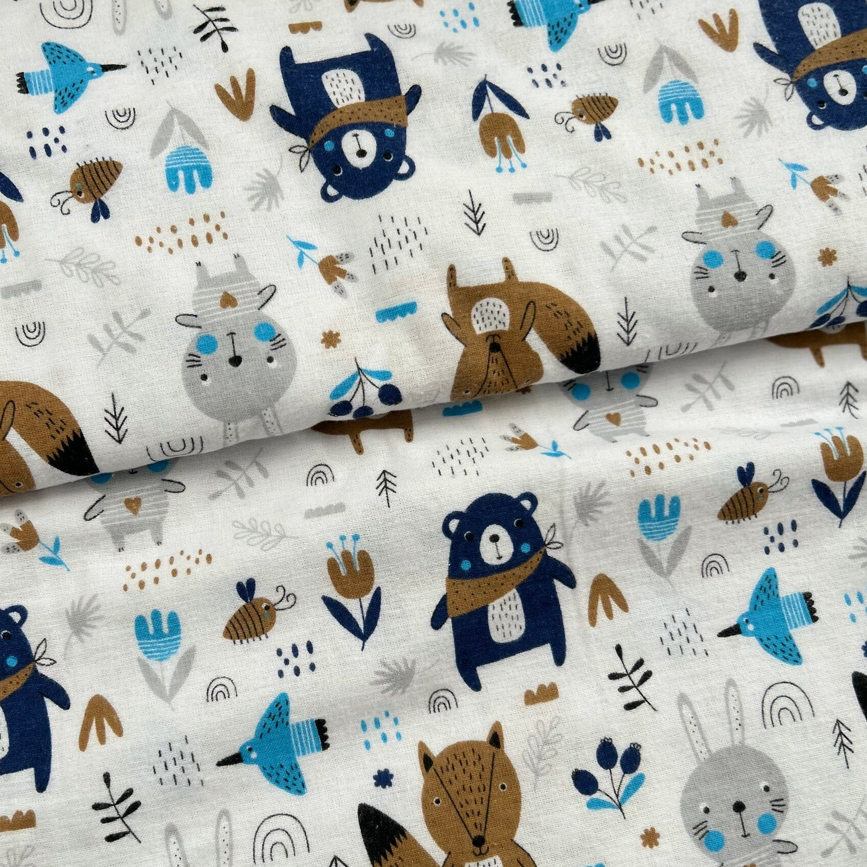 Baumwollflanell, Tierdruck – Blau auf Weiß, Meterware