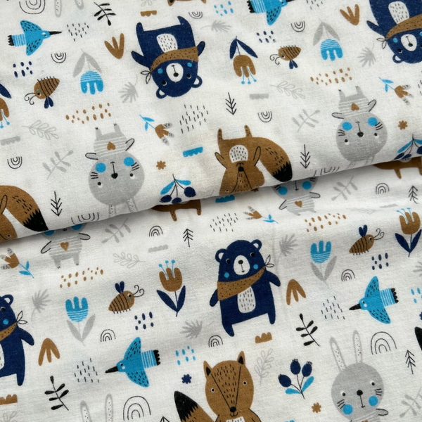 Baumwollflanell, Tierdruck – Blau auf Weiß, Meterware