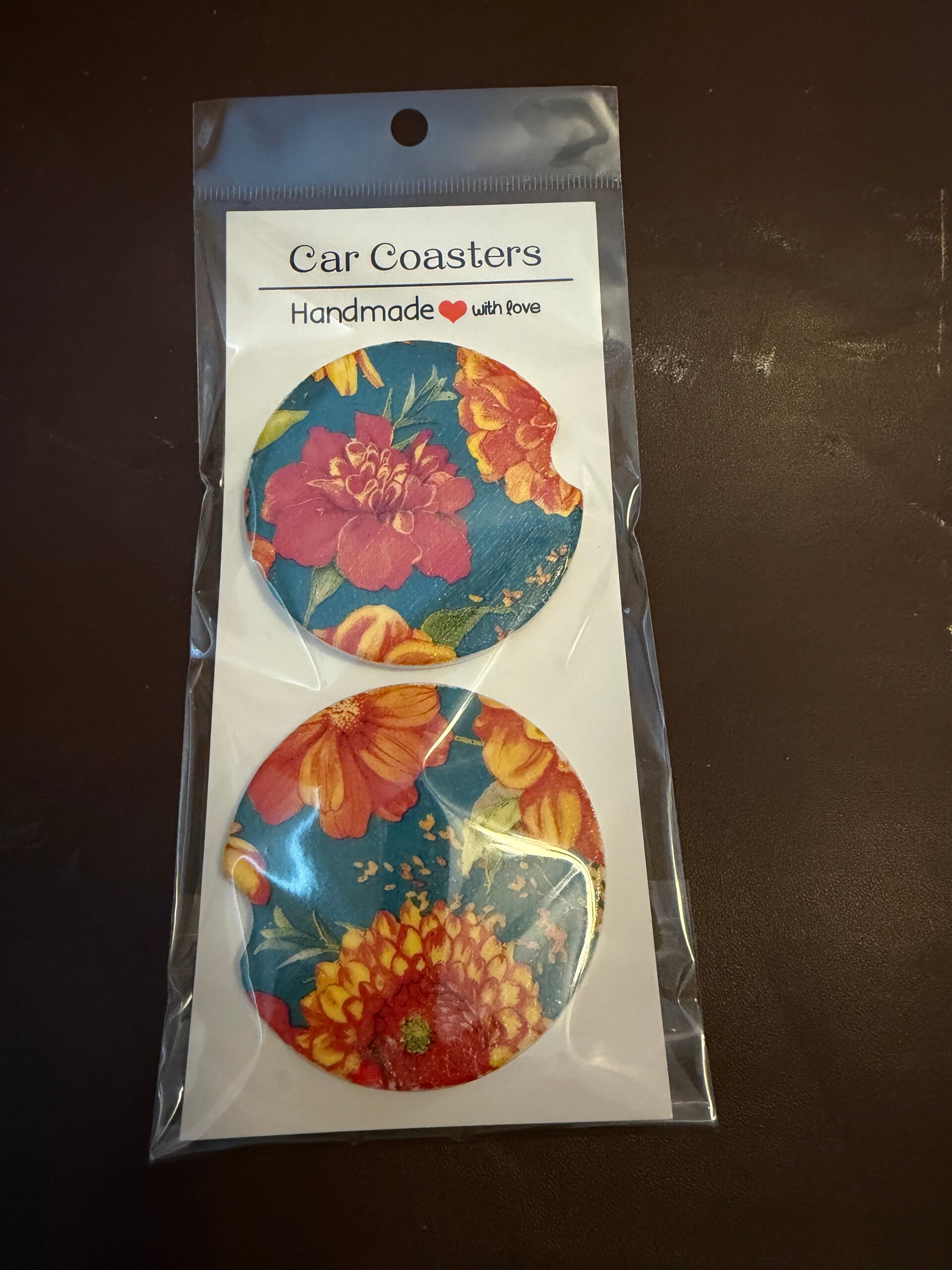 Car Cupholder Coaster Set Red and Teal Floral