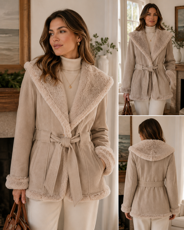 Jones New York Women’s Cream Faux Suede Faux Fur Belted Jacket XL Quiet Luxury