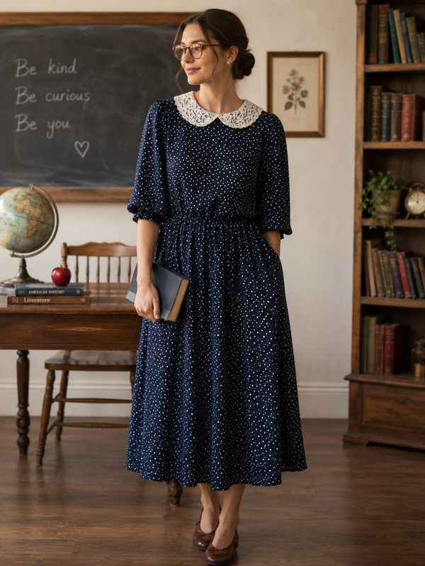 Vtg Monica Rose Women’s Navy Polka Dot Lace Peter Pan Collar Dress 16WP Teacher