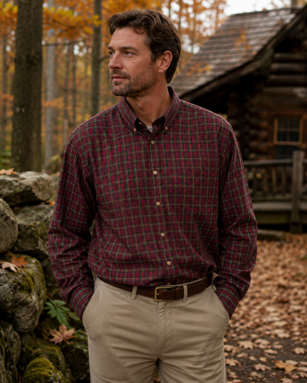 LL Bean Men's Red Green Plaid Button-Up Long-Sleeve Shirt XL REG Outdoors Autumn