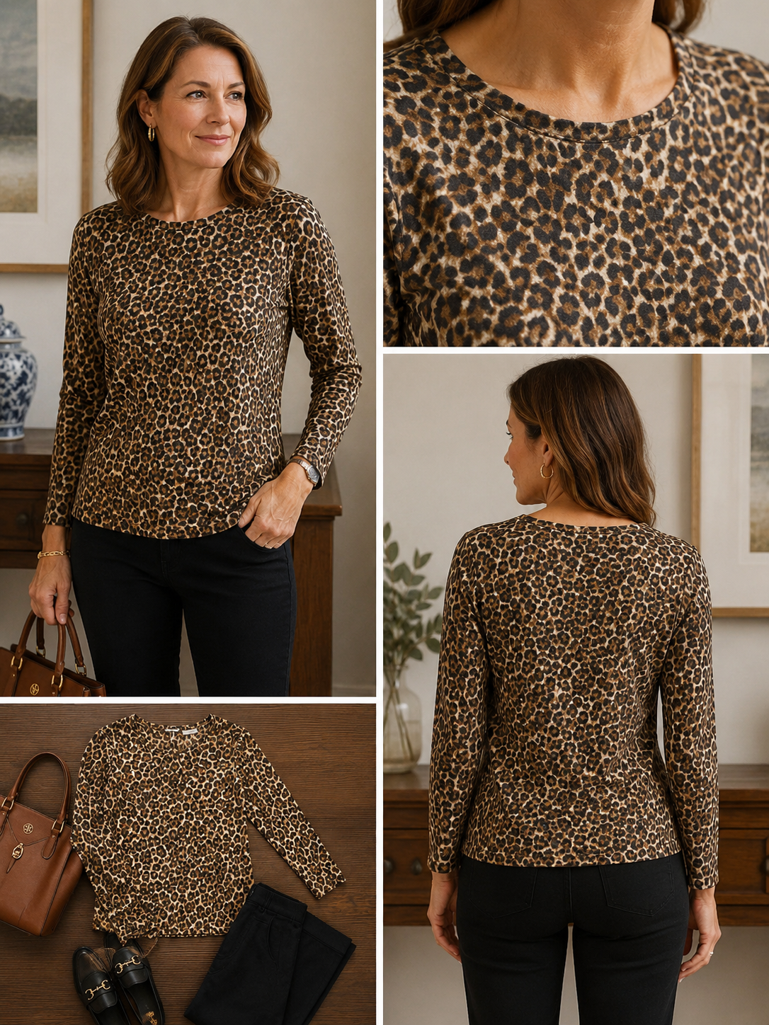J Mclaughlin Signature Catalina Cloth Leopard Animal Print Top Brown M Preppy