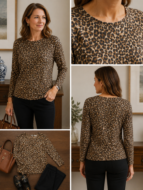 J Mclaughlin Signature Catalina Cloth Leopard Animal Print Top Brown M Preppy