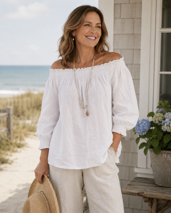 J. Jill Women’s White Off The Shoulder Peasant Blouse L Beach Cottagecore Boho