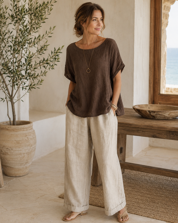 100% Linen Purejill J. Jill Women’s Brown Crepe Top L Lagenlook Boxy Minimalist