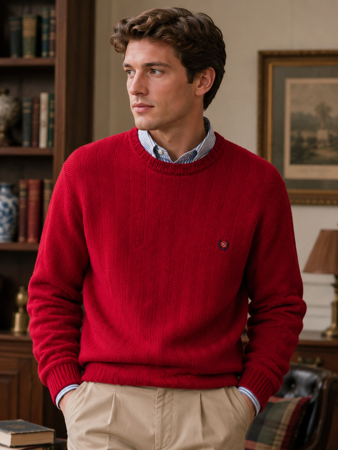 VTG Chaps Ralph Lauren Men’s Red Herringbone Knit Sweater L Preppy Old Money 90s