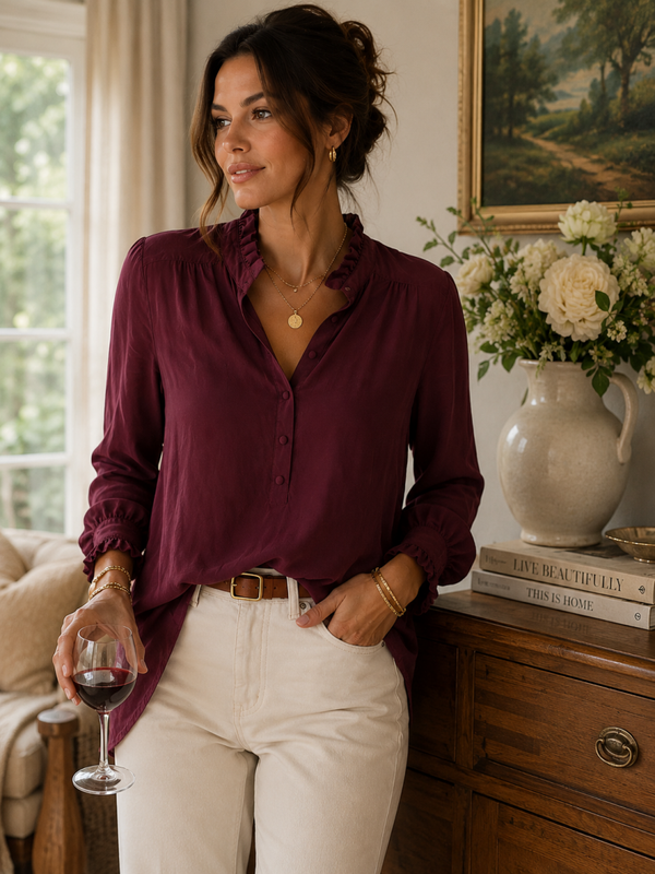 100% Silk Amanda Uprichard Women’s Merlot Ruffled 1/2 Button Blouse L Old Money