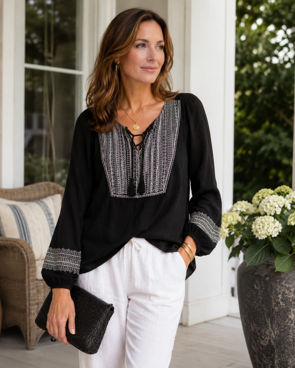 Susan Graver Women’s Black White Peasant Balloon Sleeves Top M Boho Quiet Luxury