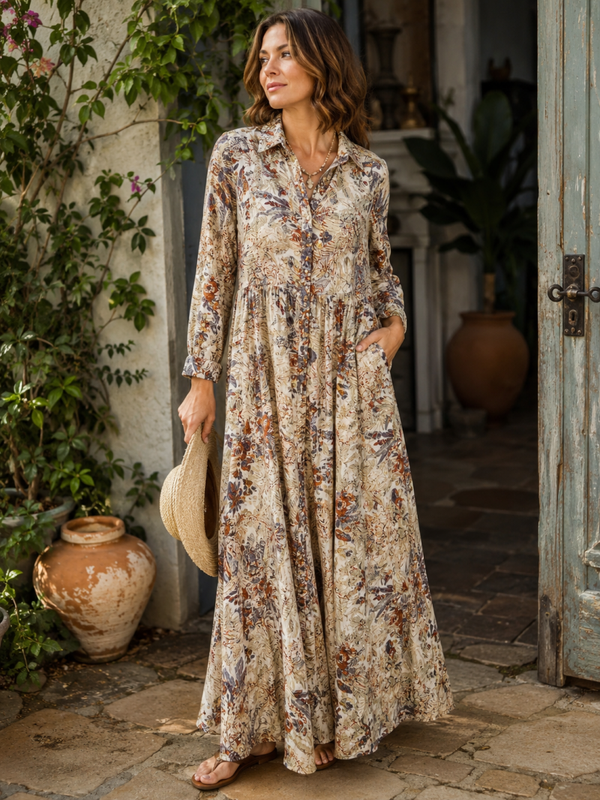 Soft Surroundings Women's Floral Longsleeve Button Up Maxi Dress pM Boho Resort